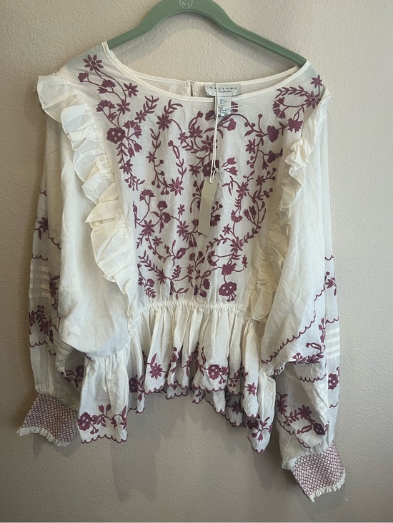 Calypso St. Barth Tops - Calypso St. Barth Ivory Blouse with Rose Embroidery